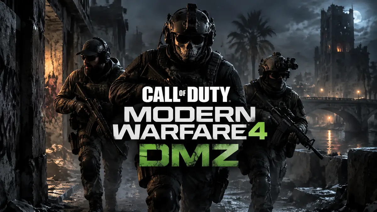 Трое бойцов в тактическом снаряжении идут сквозь тёмный Hajin, логотип Call of Duty Modern Warfare 4 DMZ