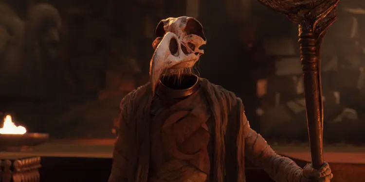 Khonshu depicted as a bird skull head holds a staff in Moon Knight.