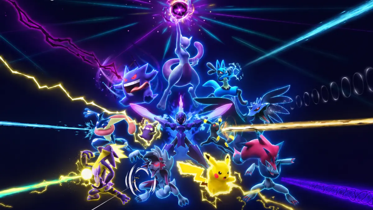 Dark, ghost, poison, steel, and electric-type pokemon converge against a neon backdrop.