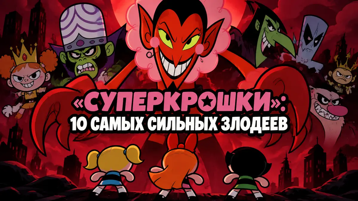 Демон Him в красном на фоне Mojo Jojo и злодеев, постер в стиле мультсериала «Суперкрошки»