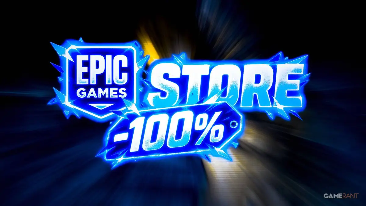 Glowing Epic Games Store logo with a ‘-100%’ discount tag over a motion-blurred first-person shooter game scene.