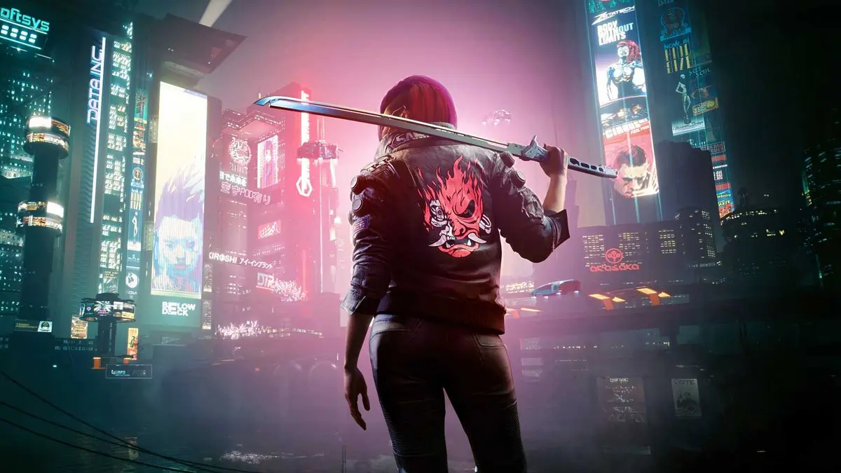 Cyberpunk 2077 image of girl with katana in front of a neon city