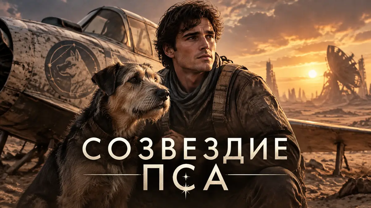 Постер «Созвездие пса»: молодой пилот с собакой у самолёта на фоне пустынного постапокалиптического мира