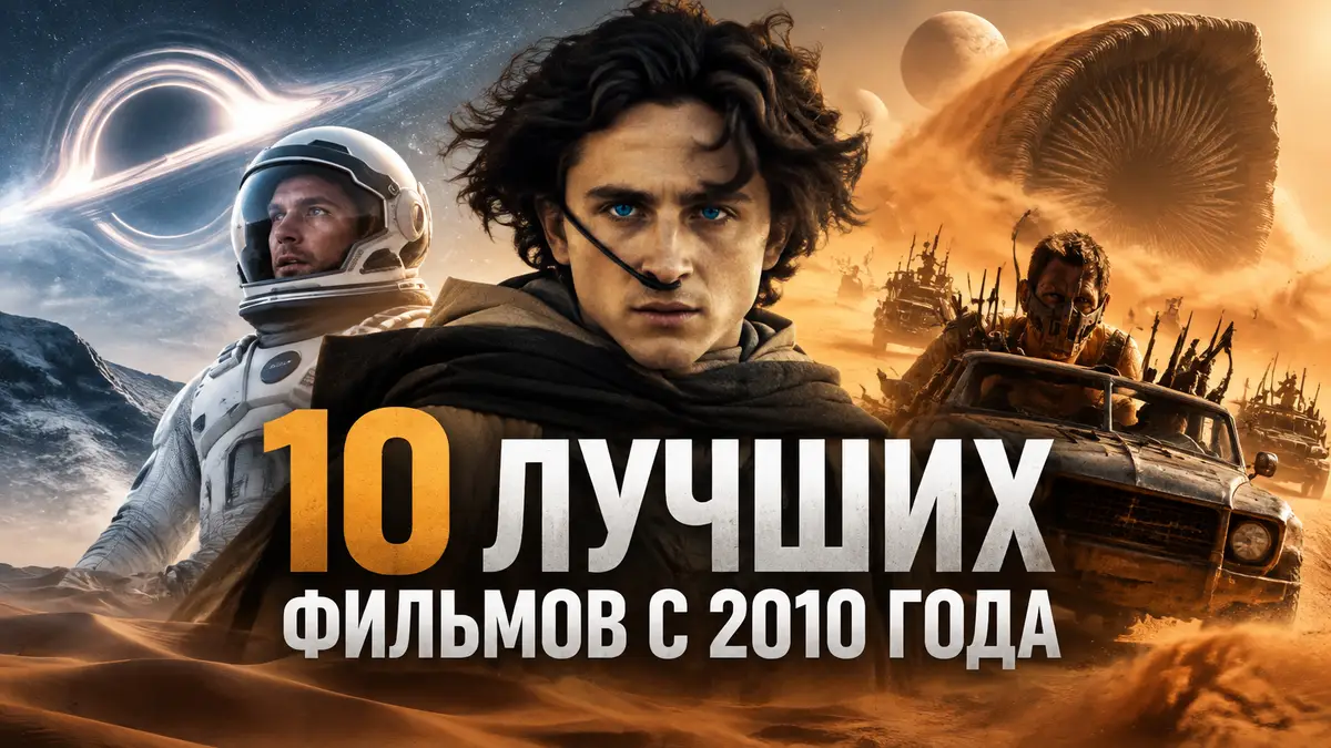 Коллаж-постер лучших фильмов с 2010 года: пустыня Арракиса, космонавт Интерстеллара и машины Дороги ярости