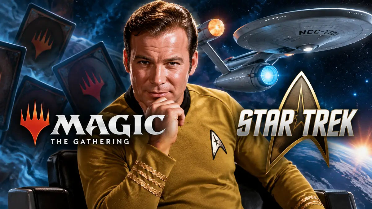 Капитан Кирк в форме Звёздного флота на фоне звездолёта и логотипов Magic: The Gathering и Star Trek
