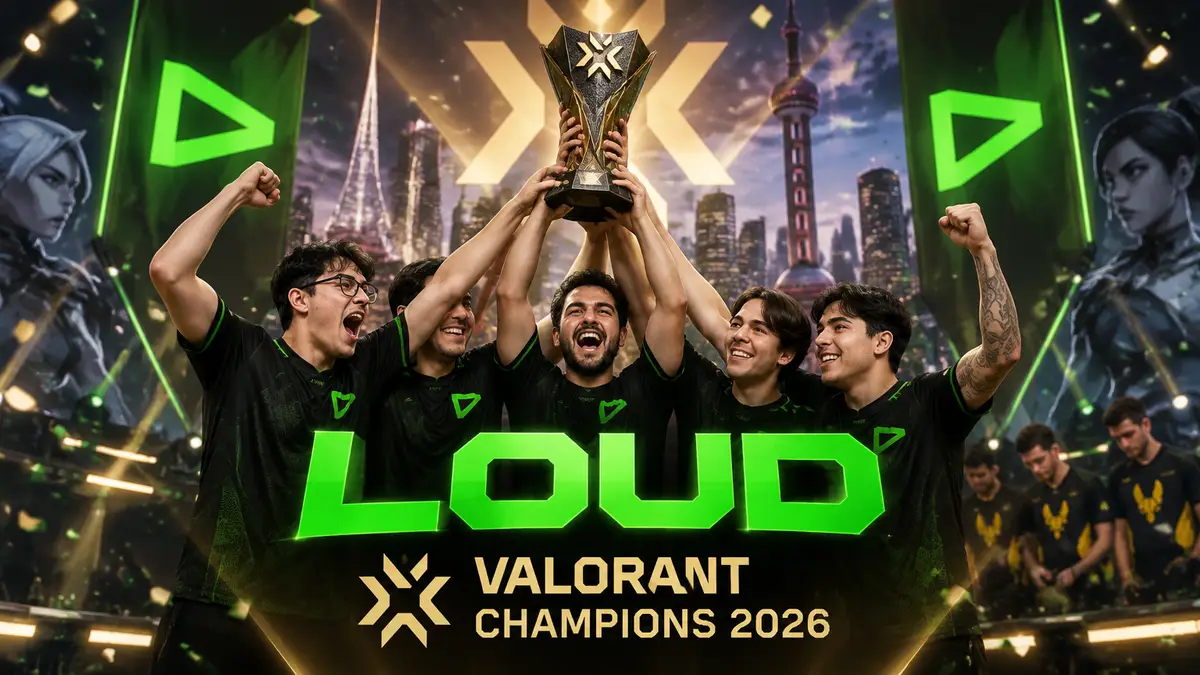 Игроки LOUD поднимают кубок VALORANT Champions 2026 на сцене в Шанхае в фирменном стиле VALORANT
