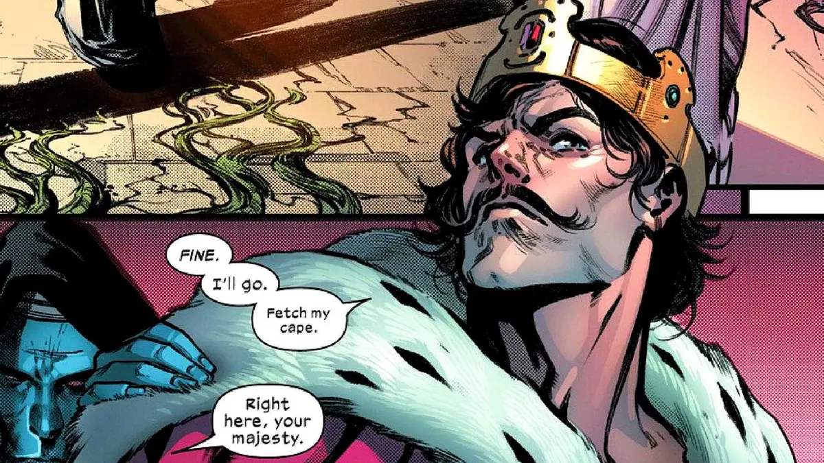 Jamie Braddock aka Monarch asks a servant to remove his cape in Planet-Size X-Men