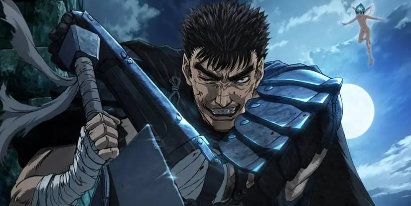 Guts stands in the moonlight with his Dragonslayer sword in Berserk (2016).