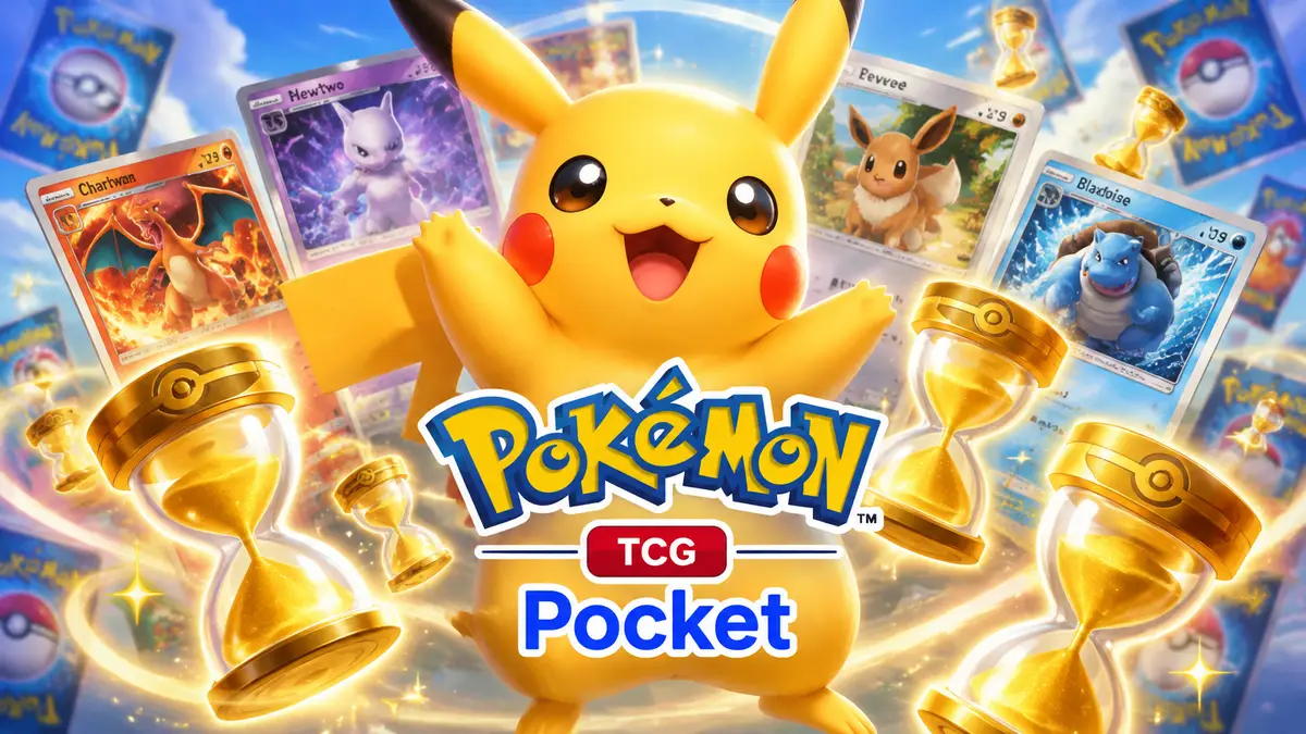 Пикачу в центре среди веера карт Pokémon TCG Pocket и золотых песочных часов на ярком фоне