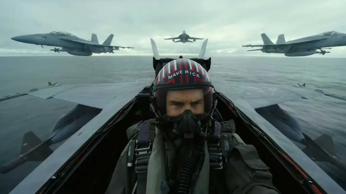 Tom Cruise in the cockpit of a fighter jet in Top Gun Maverick
