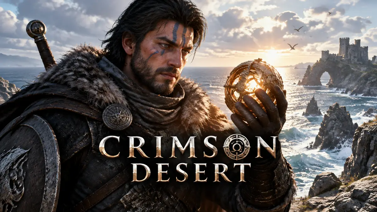 Герой Crimson Desert на побережье с древней реликвией в руках на фоне океана