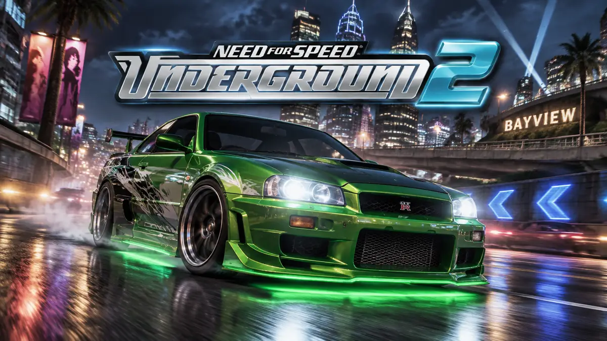 Зелёный тюнингованный Nissan мчится по ночному неоновому Bayview, логотип Need for Speed Underground 2