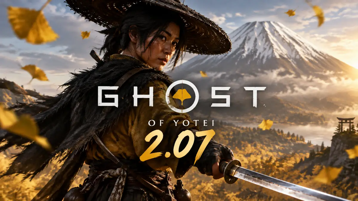 Главная героиня Ghost of Yotei на фоне горы Йотей в стилистике постера экшена PS5