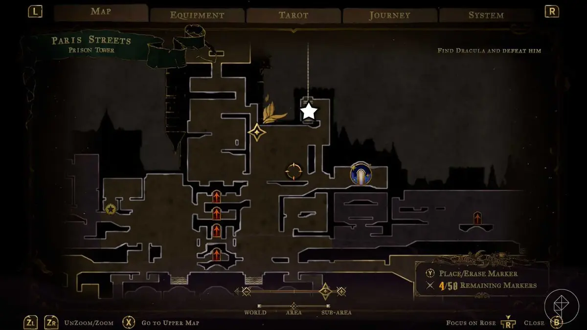 A Castlevania: Belmont's Curse screenshot showing the map and where you can find the carpenter's crane
