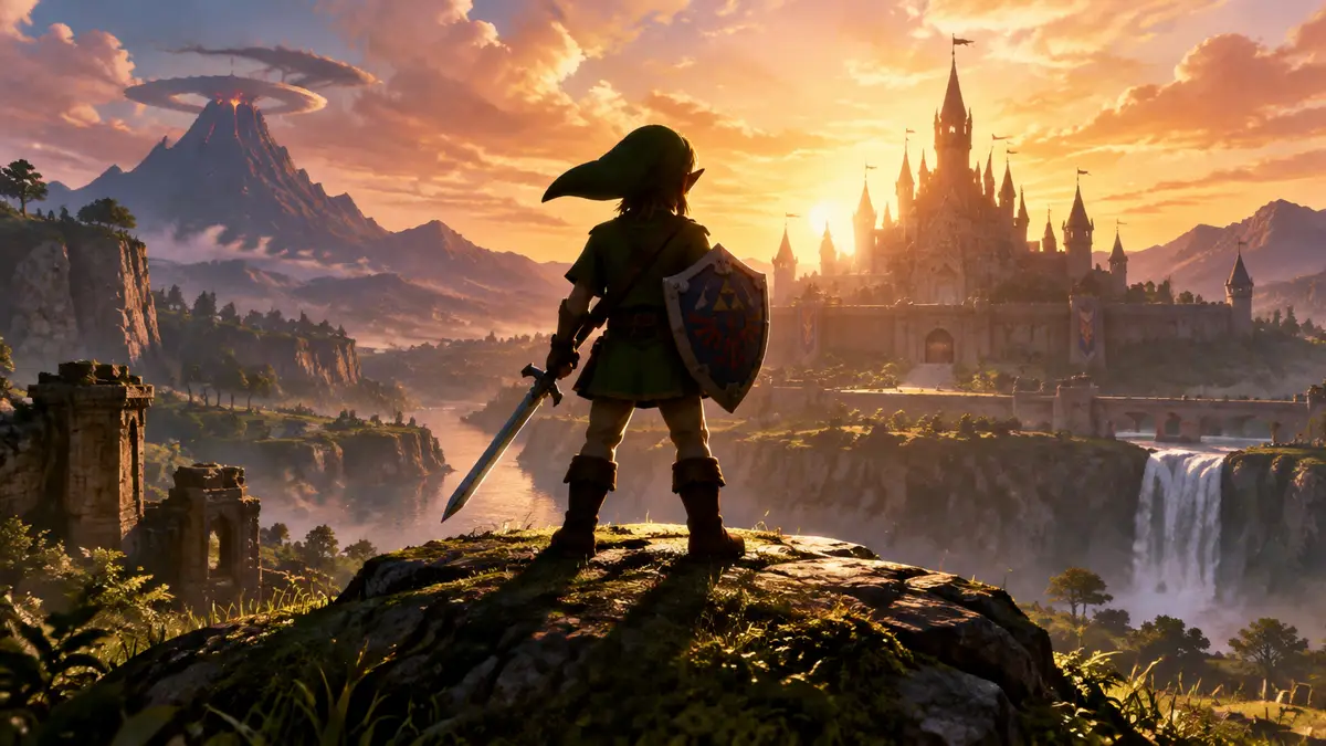 Юный Линк с мечом и щитом на фоне замка Хайрула, ключевой арт ремейка Zelda: Ocarina of Time