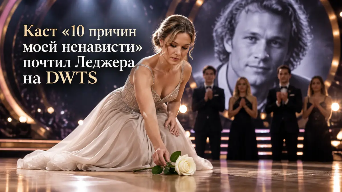 Джулия Стайлз в бальном платье кладёт цветок на паркет студии Dancing with the Stars в свете софитов