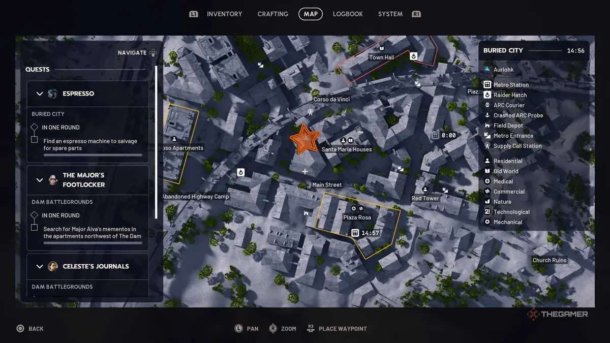 Map of central Buried City with an orange star edited onto the location of the cafe with the espresso parts in Arc Raiders.