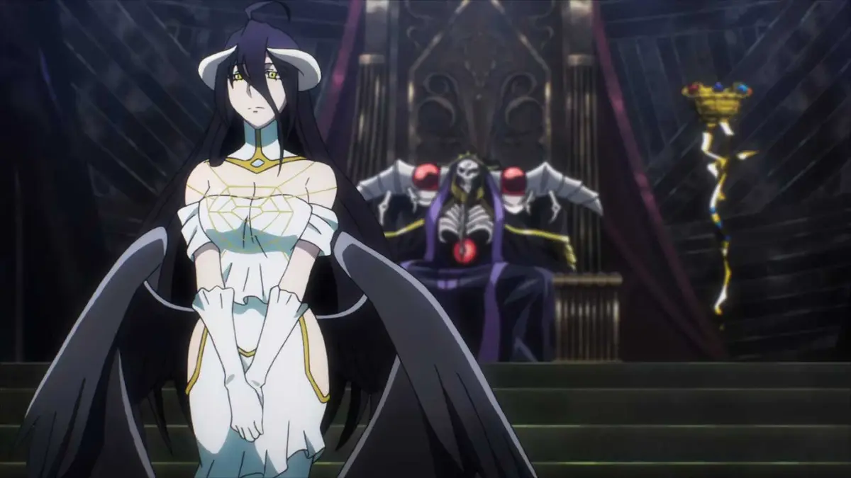 Albedo stands in front of Ainz Ooal Gown in Overlord.