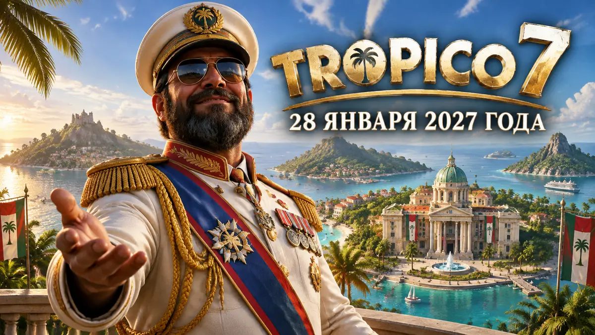 El Presidente в парадном мундире на фоне тропического архипелага и дворца, логотип Tropico 7 сверху