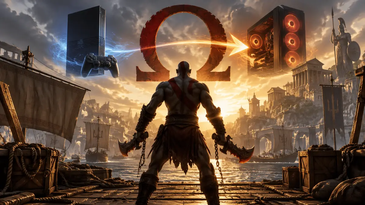 Кратос с клинками на палубе корабля в афинских доках, логотип God of War, ПК-порт с PS2