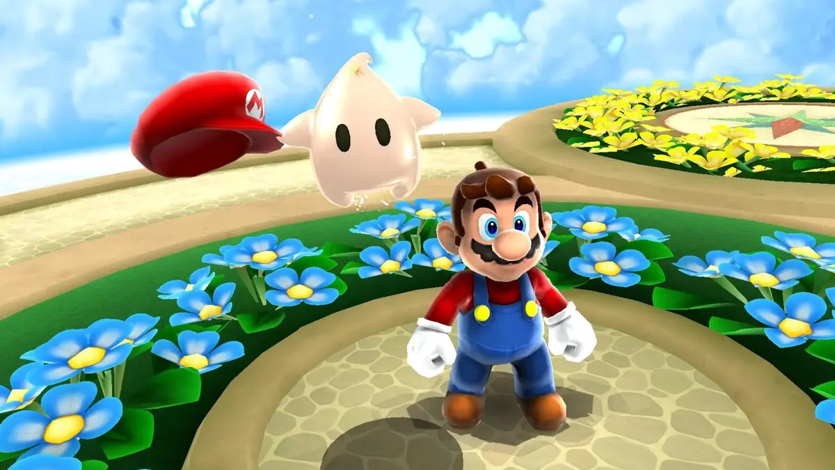 mario with a luma holding his hat in super mario galaxy.