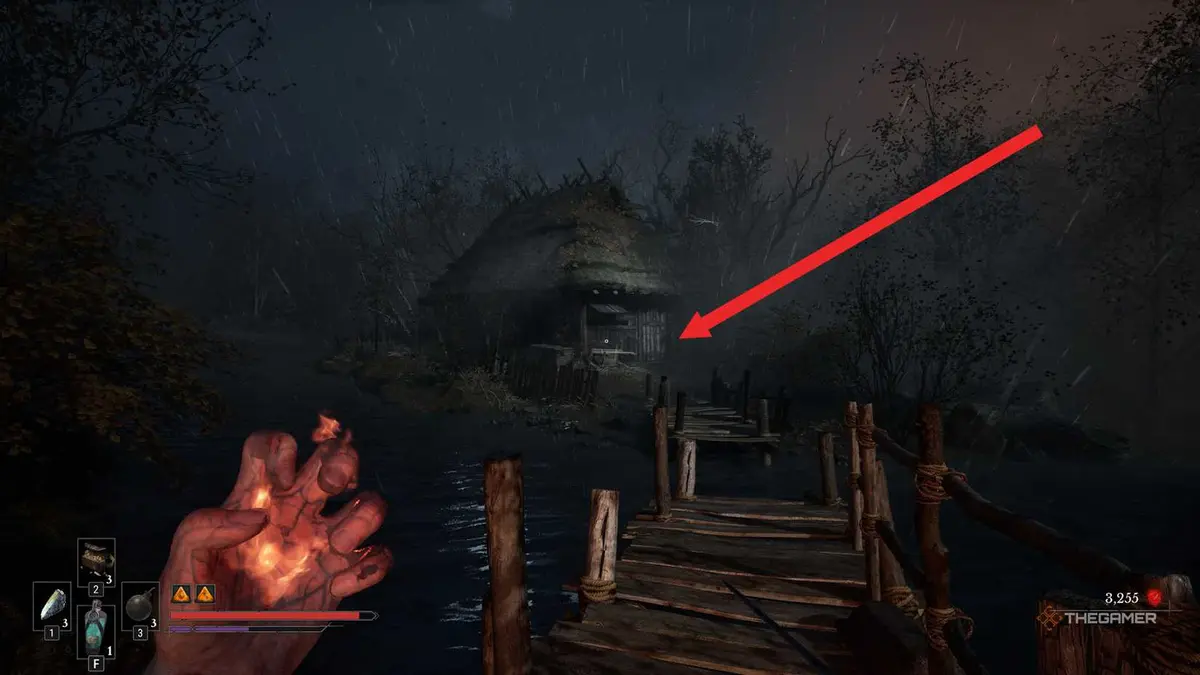 Valor Mortis abandoned shack with an arrow pointing to it.