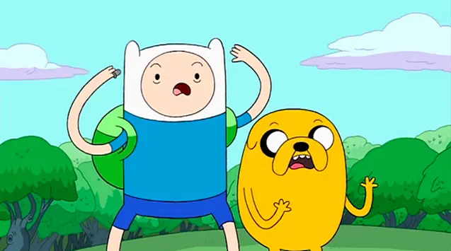 Finn the Human and Jake the Dog look shocked at something in a still from Adventure Time