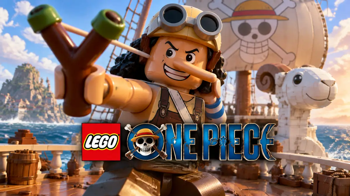 Усопп из LEGO One Piece в виде минифигурки с длинным носом на палубе Going Merry, логотип One Piece
