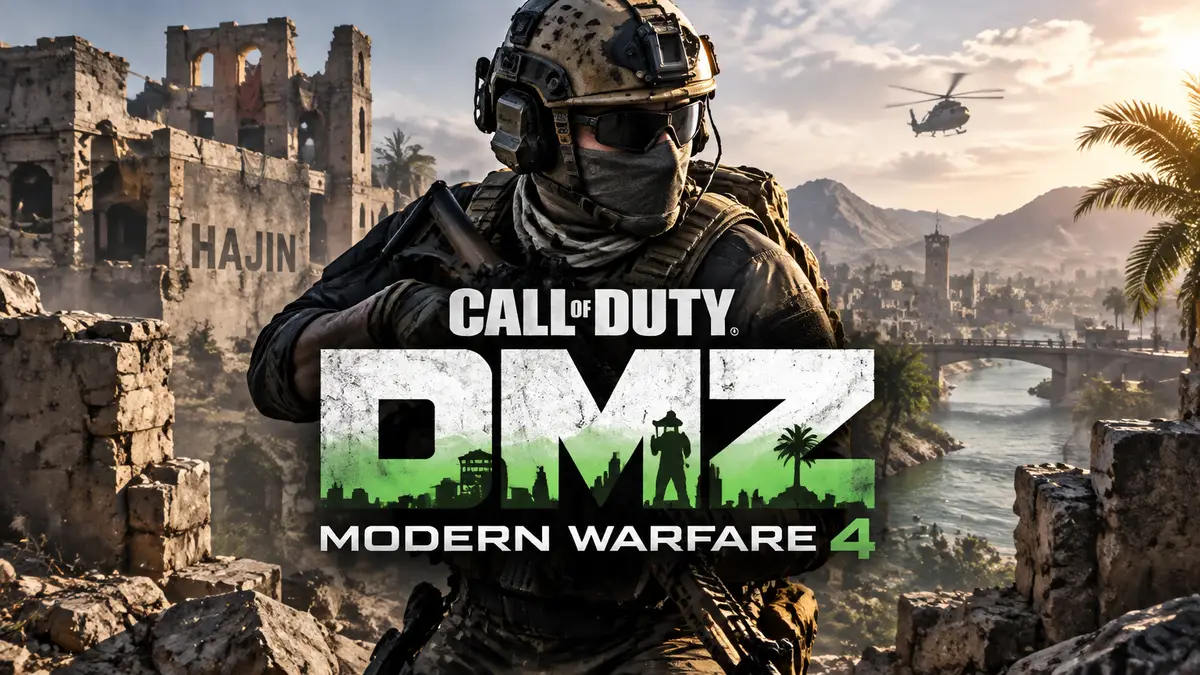Оперативник в тактическом снаряжении на фоне руин Hajin, логотип DMZ Call of Duty Modern Warfare 4
