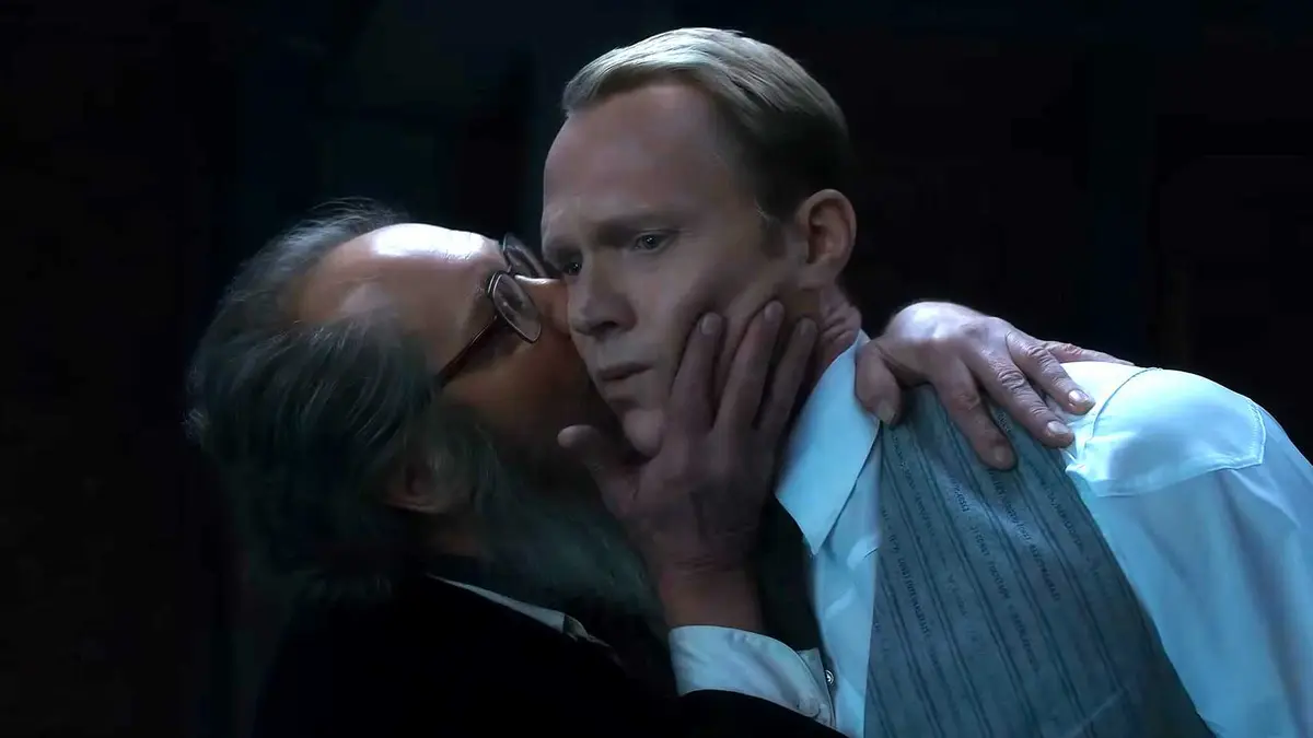 James Spader's Ultron kissing Paul Bettany's Vision on his cheek in Visionquest