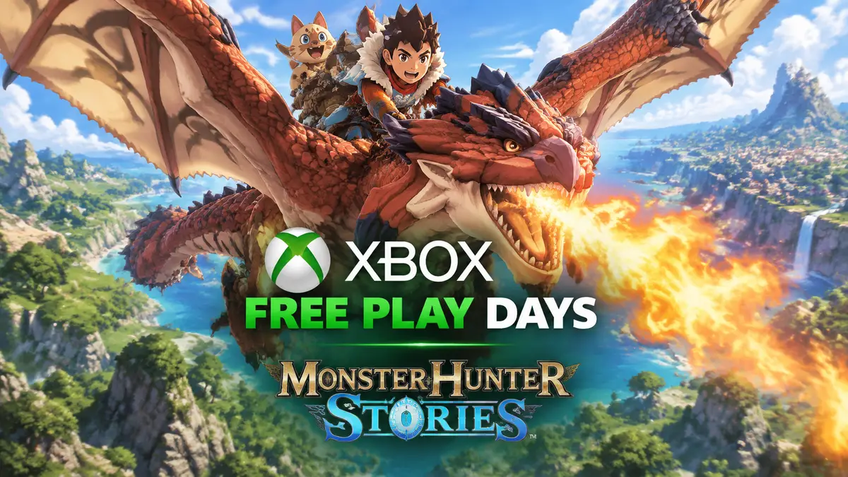 Наездник верхом на огнедышащем Rathalos на фоне ярких холмов, логотип Xbox Free Play Days и Monster Hunter Stories
