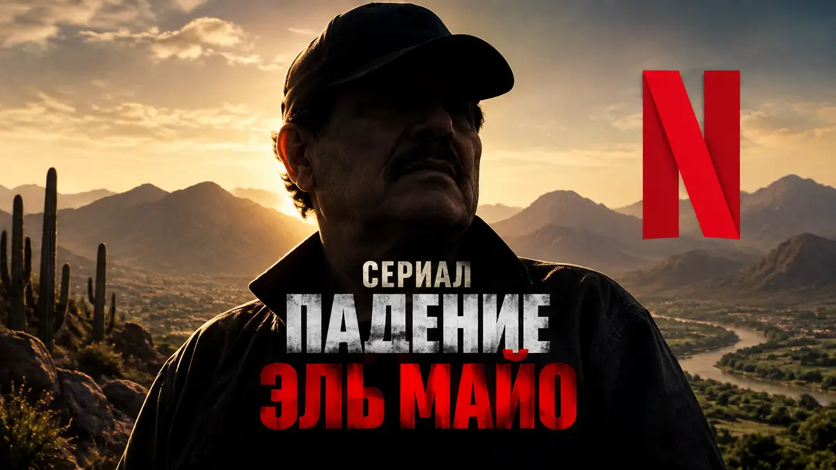 Постер сериала «Падение Эль Майо»: пожилой мужчина в тени на фоне гор Синалоа и логотип Netflix
