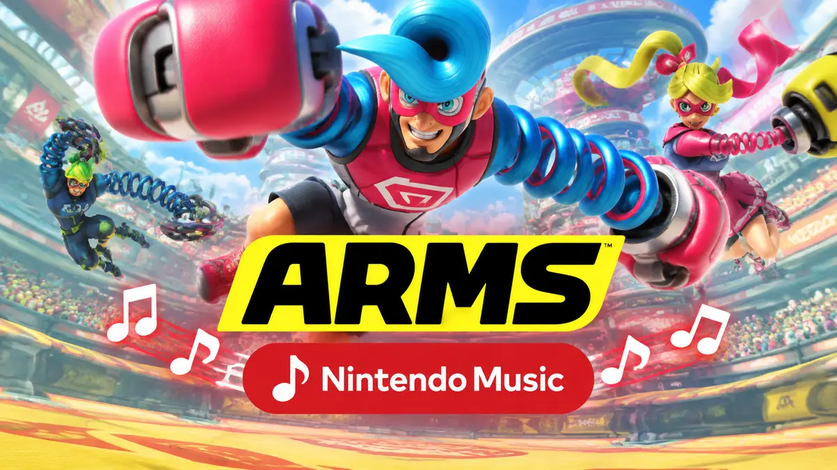 Бойцы ARMS с растягивающимися руками-пружинами в прыжке на яркой арене, логотип ARMS и ноты Nintendo Music