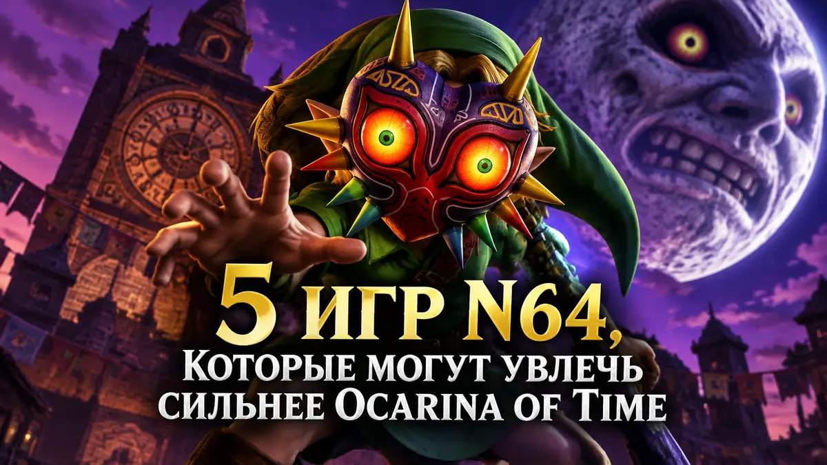 Линк в маске из The Legend of Zelda: Majora's Mask на фоне циферблата башни часов и луны