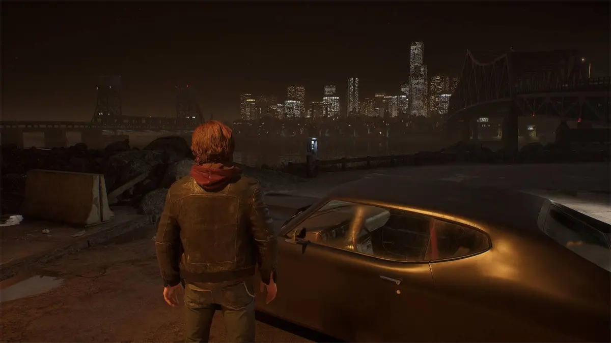 Samson's protagonist looking out at the city next to a car.