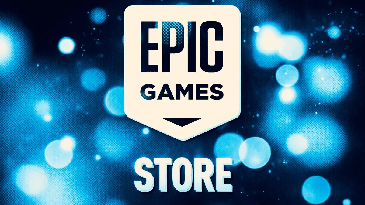 A white Epic Games Store against a dark blue bokeh background.