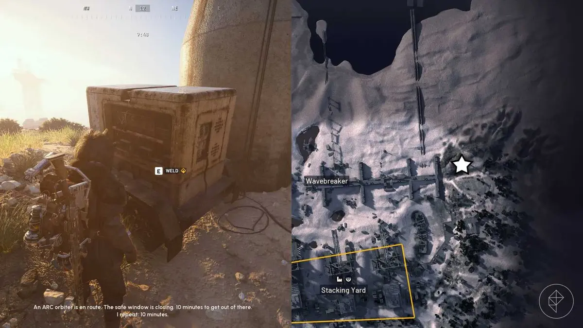 The left-hand side of the image shows the player standing in front of the objective for the "Celeste's Teenage Rebellion" quest in Arc Raiders while the right-hand side of the image shows the location