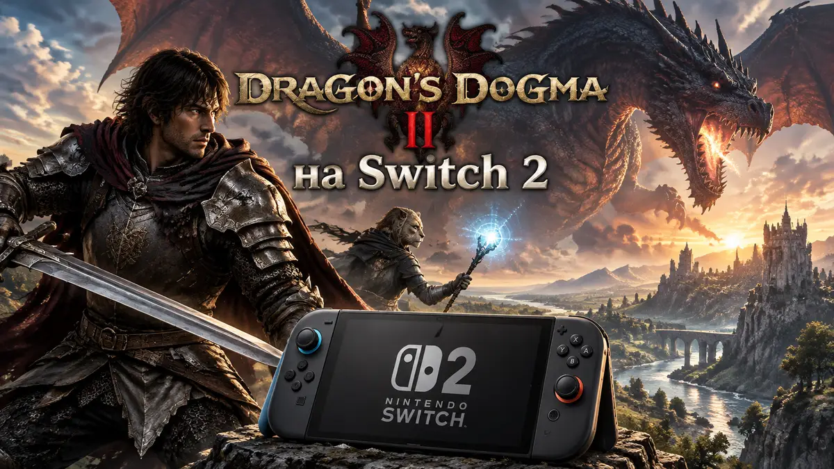 Арисен с мечом и пешка на фоне дракона над холмами, логотип Dragon's Dogma 2 и консоль Switch 2