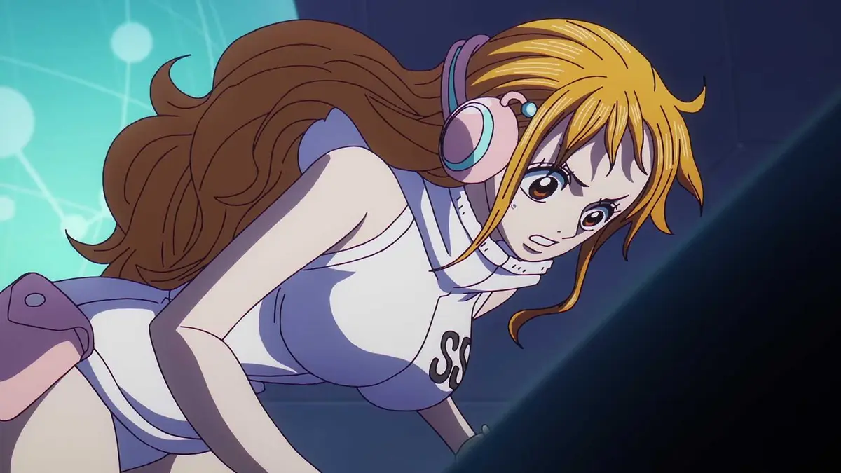 One Piece's Nami with a shocked expression in the anime's Egghead arc