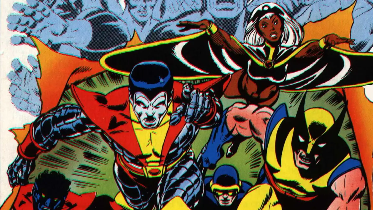 The International X-Men team bursting through a page showing the original 5 X-Men on the cover of Giant-Size X-Men #1