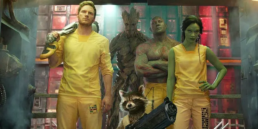 The Guardians of the Galaxy standing together in the prison breakout scene.