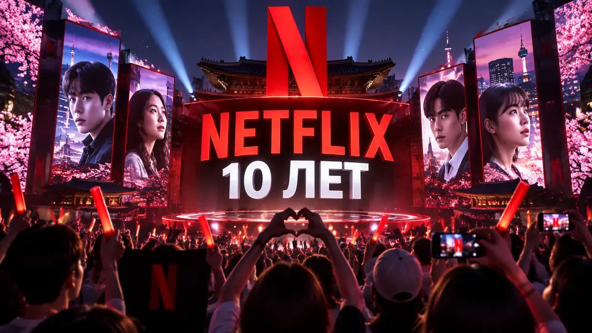 Праздничная сцена Netflix в Сеуле, красный логотип Netflix, огни и толпа фанатов корейских сериалов