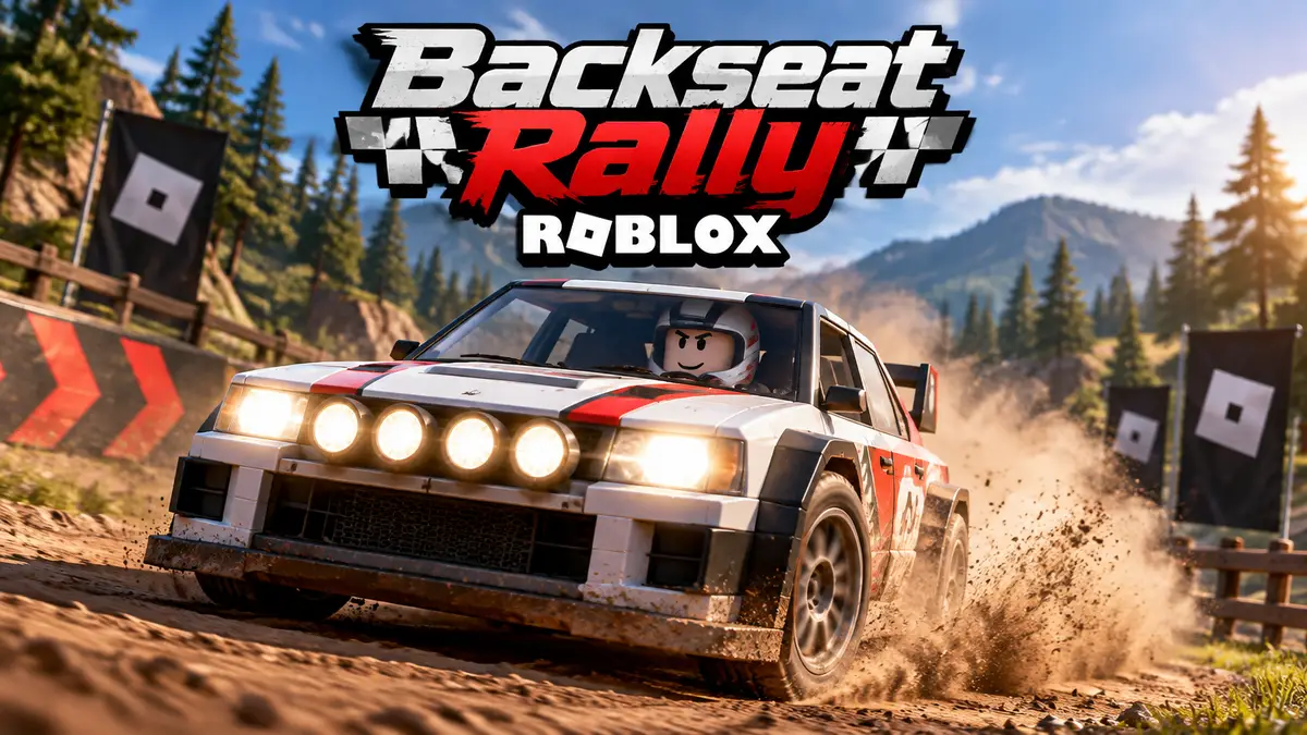 Раллийный автомобиль на грунтовой трассе гонки Backseat Rally в Roblox