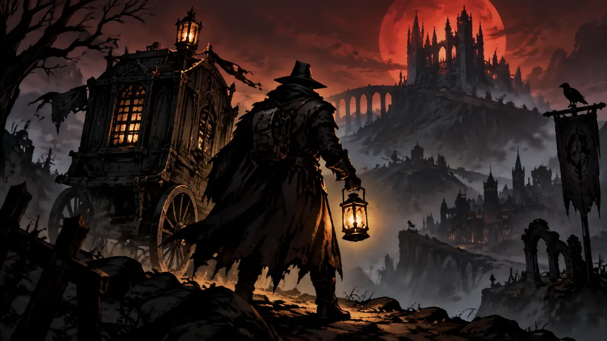 Мрачный искатель приключений с фонарём у повозки в готическом стиле Darkest Dungeon II на Switch 2