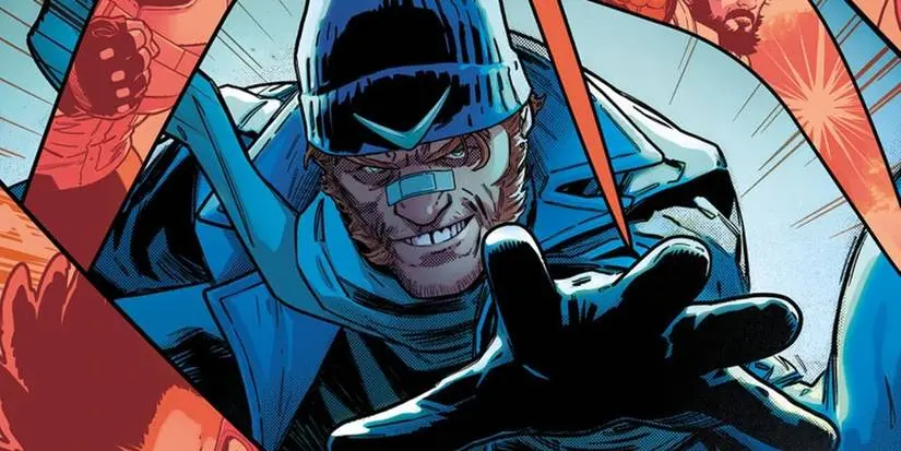 Comic book art: Captain Boomerang throws boomerangs.
