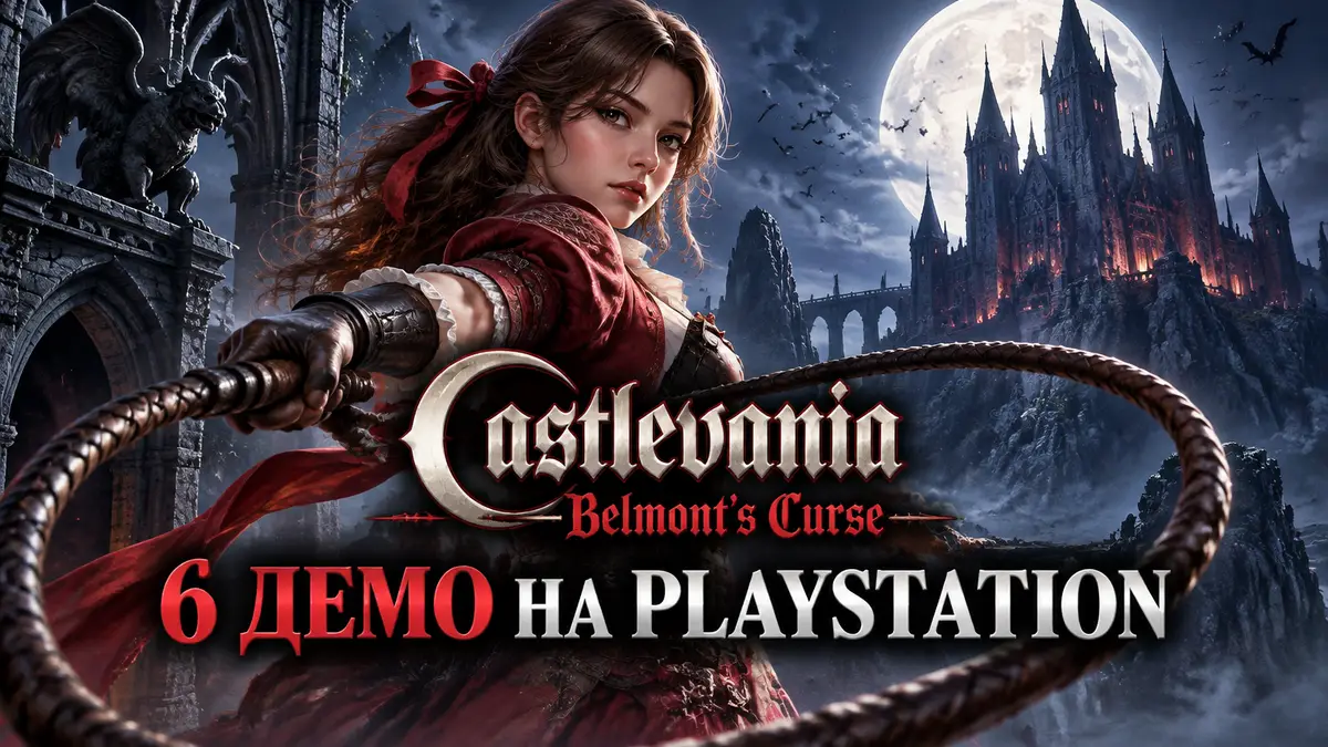 Роуз Бельмонт с кнутом на фоне готического замка Дракулы, постер Castlevania: Belmont's Curse
