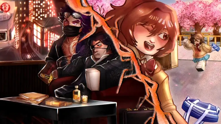 Artwork for the Roblox game Kabuki showing two yakuza in a bar and some Japanese schoolgirls at the gates of their school.