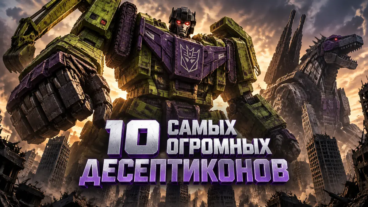 Гигантский Десептикон Девастатор возвышается над городом в стиле постера «Трансформеров», рядом Триптикон