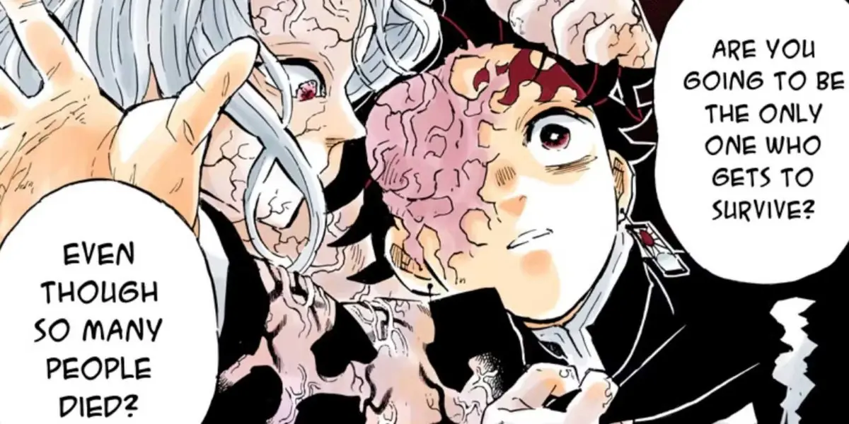Muzan speaks to Tanjiro as he becomes a demon in the Demon Slayer manga.