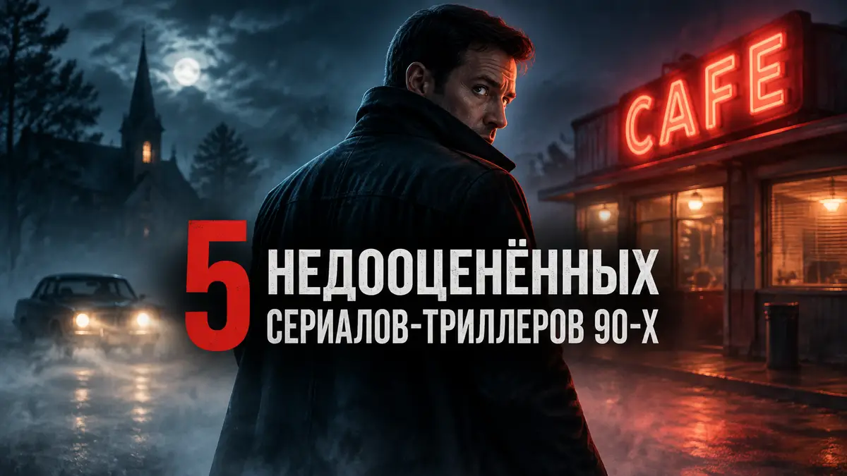 Постер сериалов-триллеров 90-х: мужчина в плаще в тумане у неоновой вывески старого кафе в провинции